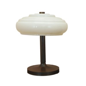 Danish desk lamp from the 1960s with lens-shaped shade, brown metal base, Art Deco influences